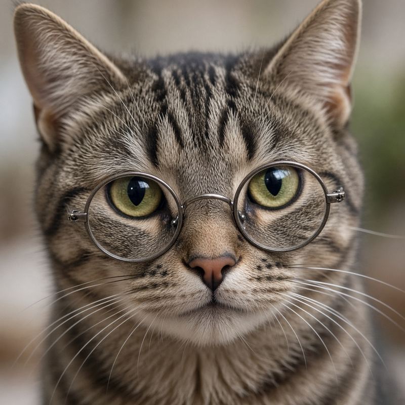 Super Intelligent Cat: a tabby cat in round glasses